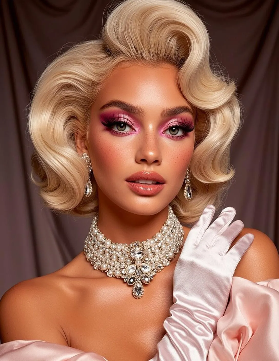 Glamorous Blonde Woman Pink Satin Dress Opera Gloves