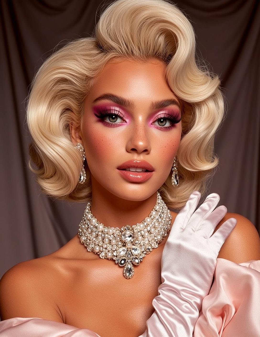 Glamorous Blonde Woman Pink Satin Dress Opera Gloves