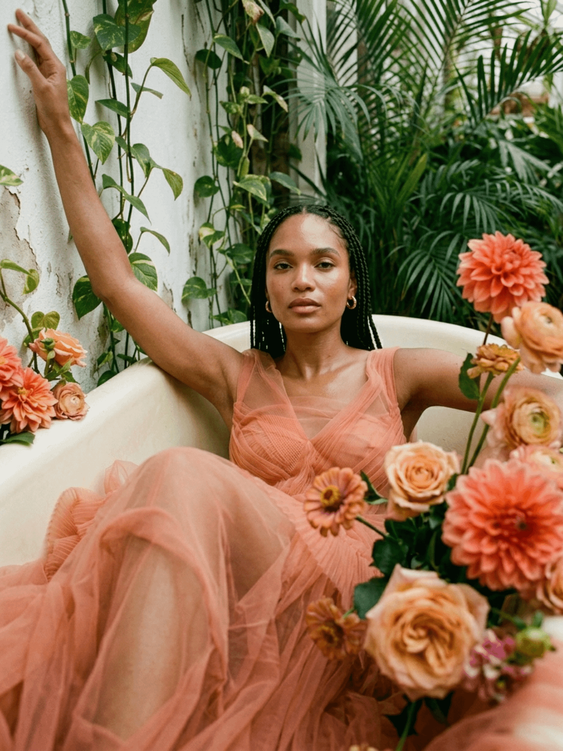 Reclining Subject Humid Greenhouse Fashion Editorial Bathtub