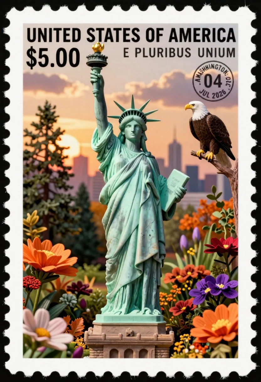 Miniature Postage Stamp Featuring The Statue Liberty Standing Lush Garden