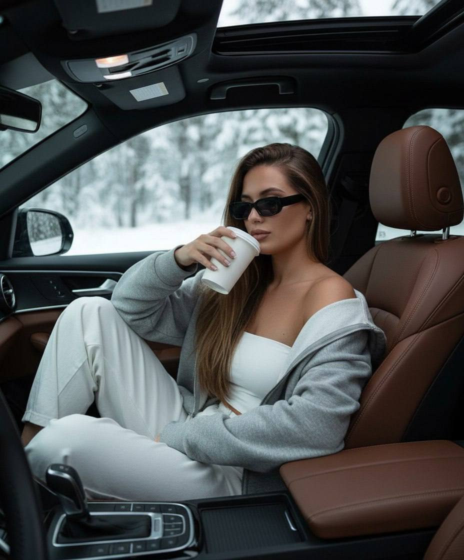 A woman in a white top and grey hoodie, comfortably seated in a modern black car's passenger seat, holding a white takeaway cup.
