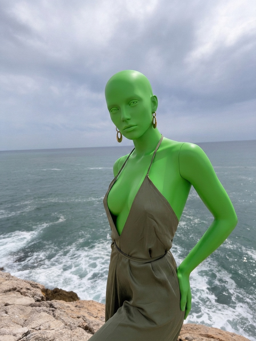 Template for Olive Satin Halter Dress on Rocky Coast