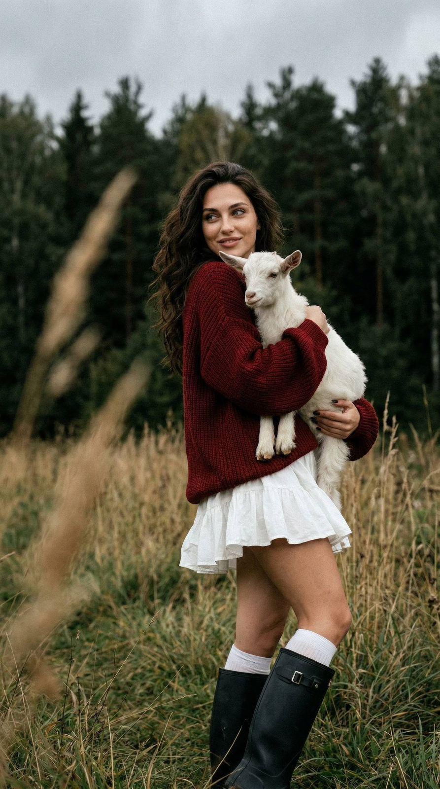 A girl in a red oversized sweater holds a goat in a blurred field near a forest, with cinematic grain.