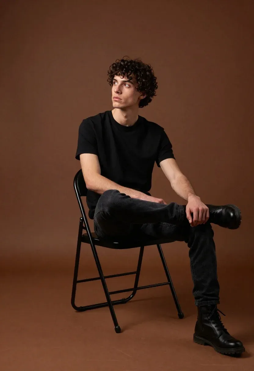 Young Man With Curly Dark Hair Sits Casually Black Folding