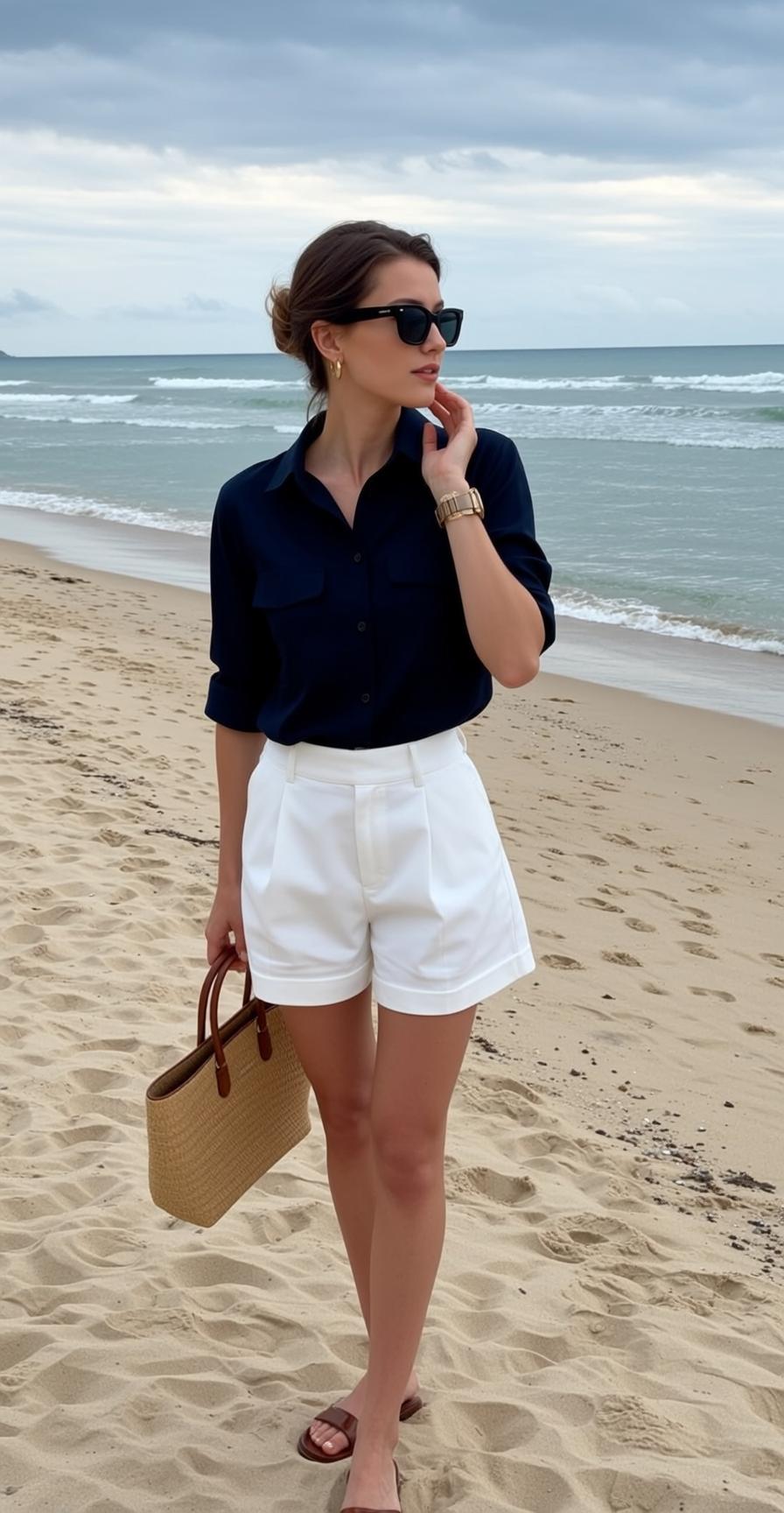 Beach Woman Sunglasses Hand On Chin Calm