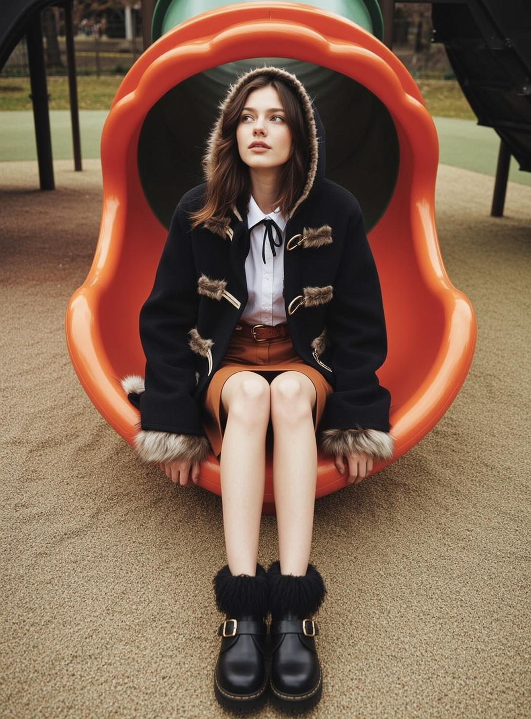 Duffle Coat Slide Playground Pose