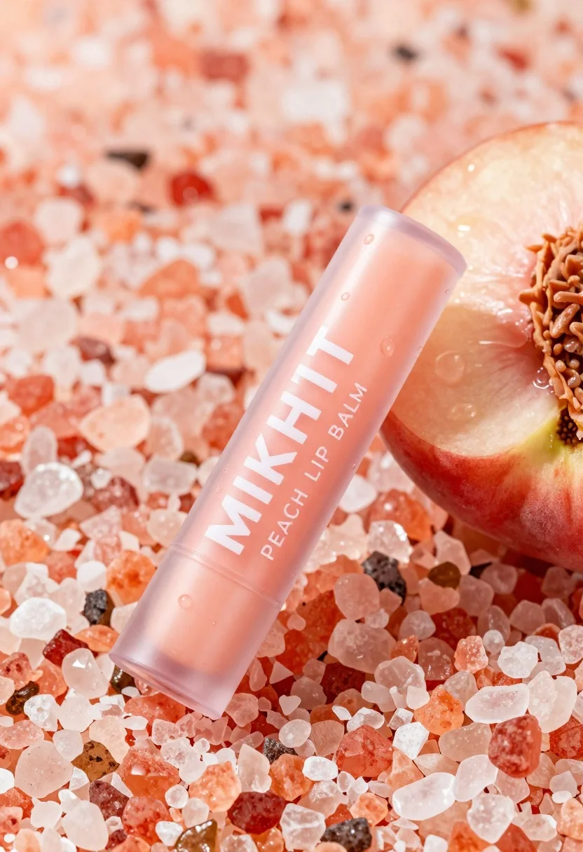Close-up of a peach-colored lip balm tube resting on pink salt crystals, with condensation droplets on its surface.