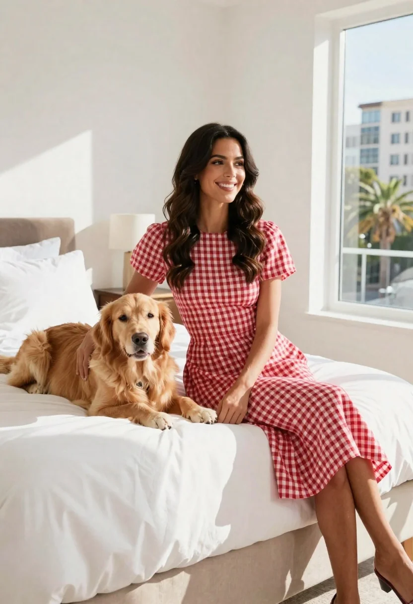 Woman Red And White Gingham Dress Sits Bed With Golden reference photo