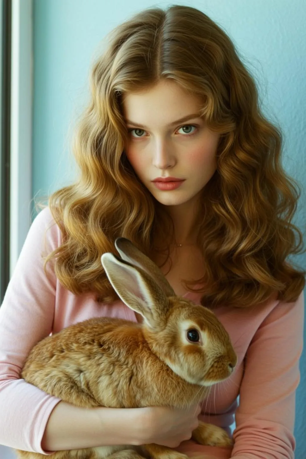 Auburn Hair Woman Holds Rabbit Soft Window Light