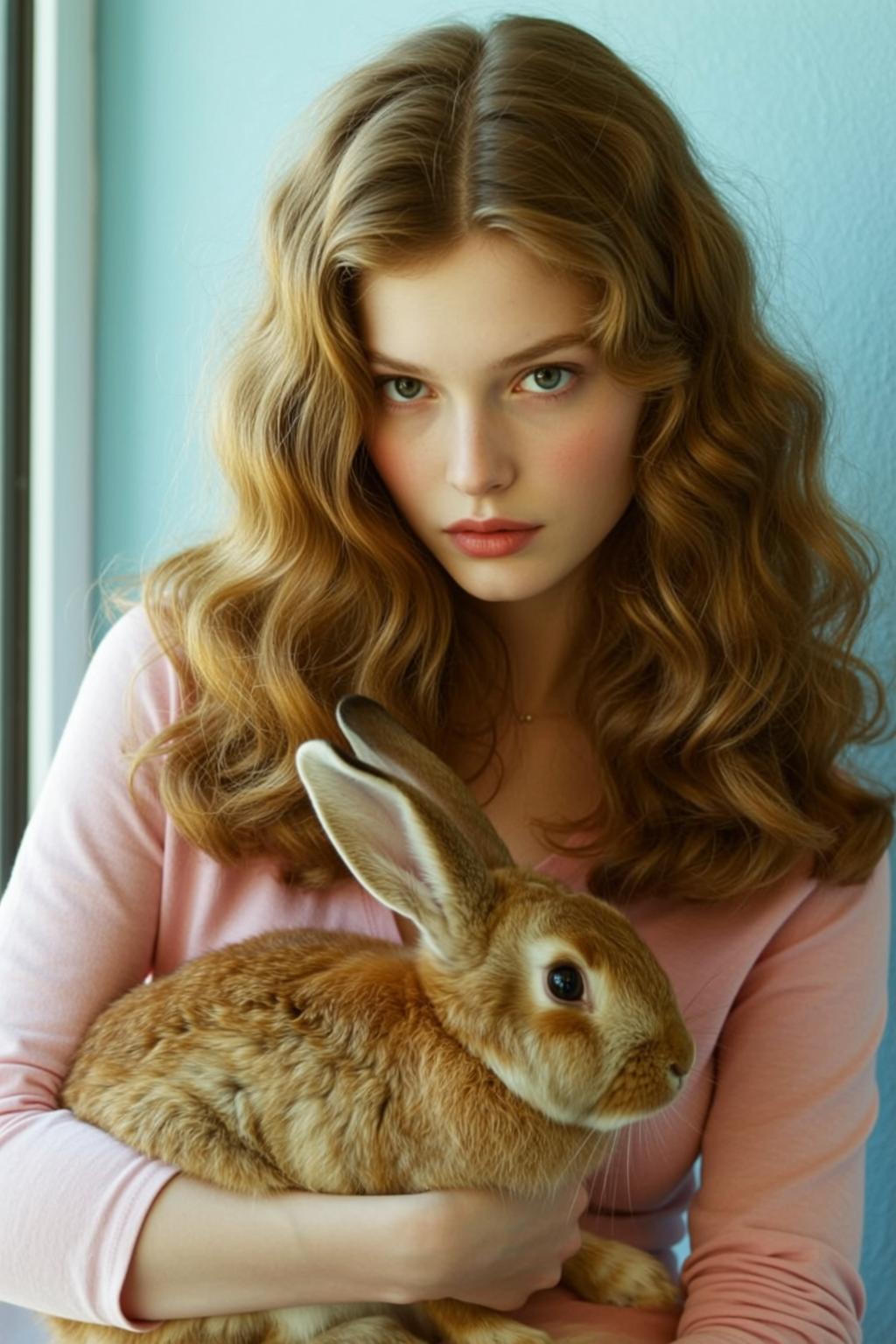 Auburn Hair Woman Holds Rabbit Soft Window Light