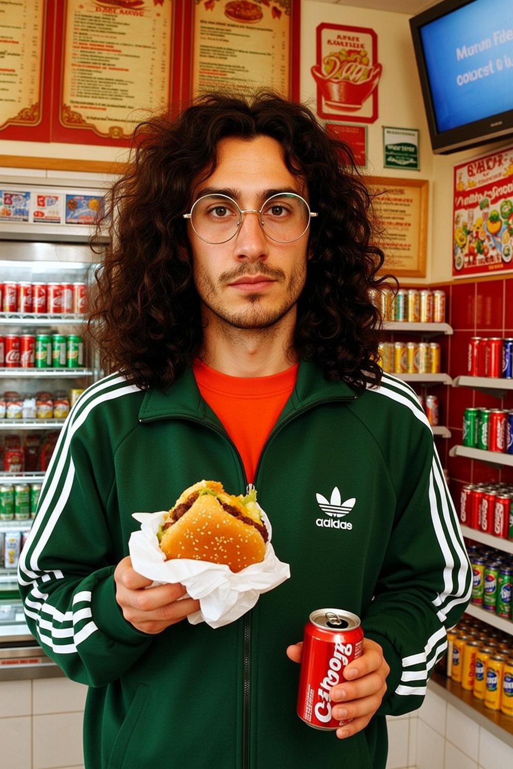 Explore Stands Facing Forward Holding Hamburger His