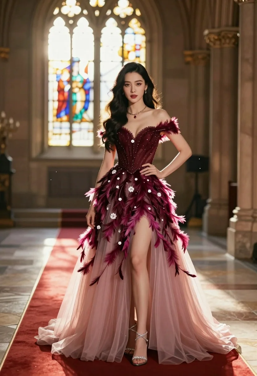 Glamorous Woman Stands Confidently Grand Hall Wearing Elaborate Gown Subject