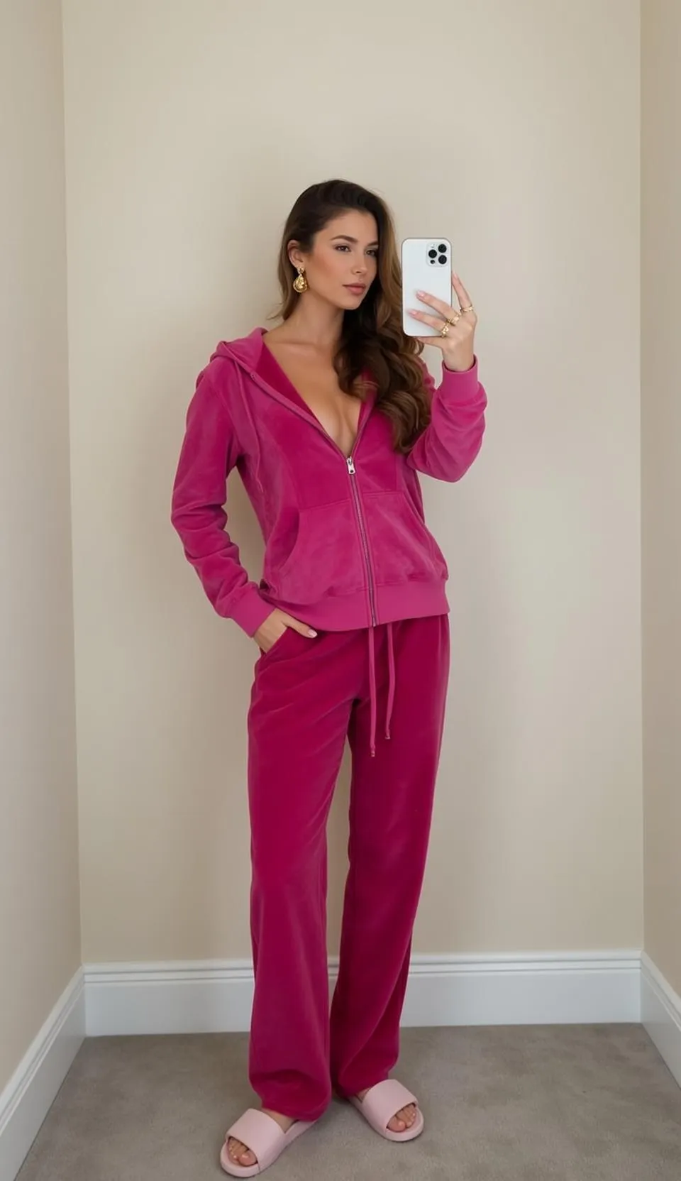 Barbiecore Stands Facing Slightly Right Holding Smartphone
