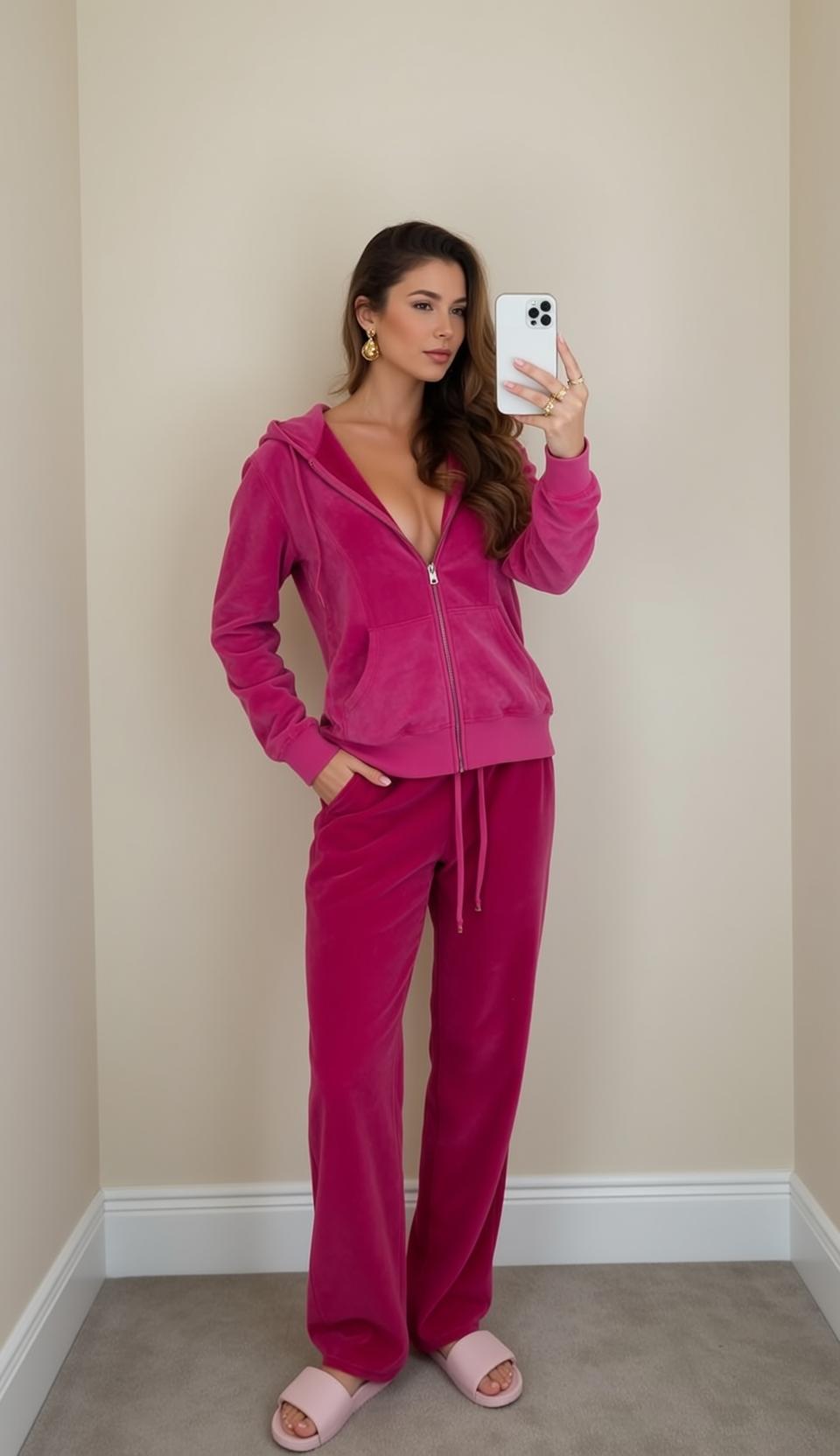 Barbiecore Stands Facing Slightly Right Holding Smartphone
