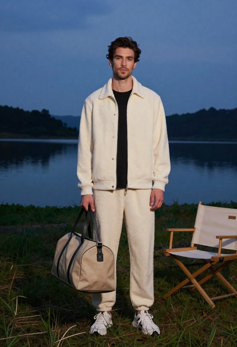 A young man stands in a grassy field beside a still lake, illuminated by soft twilight hues, wearing casual fleece attire.