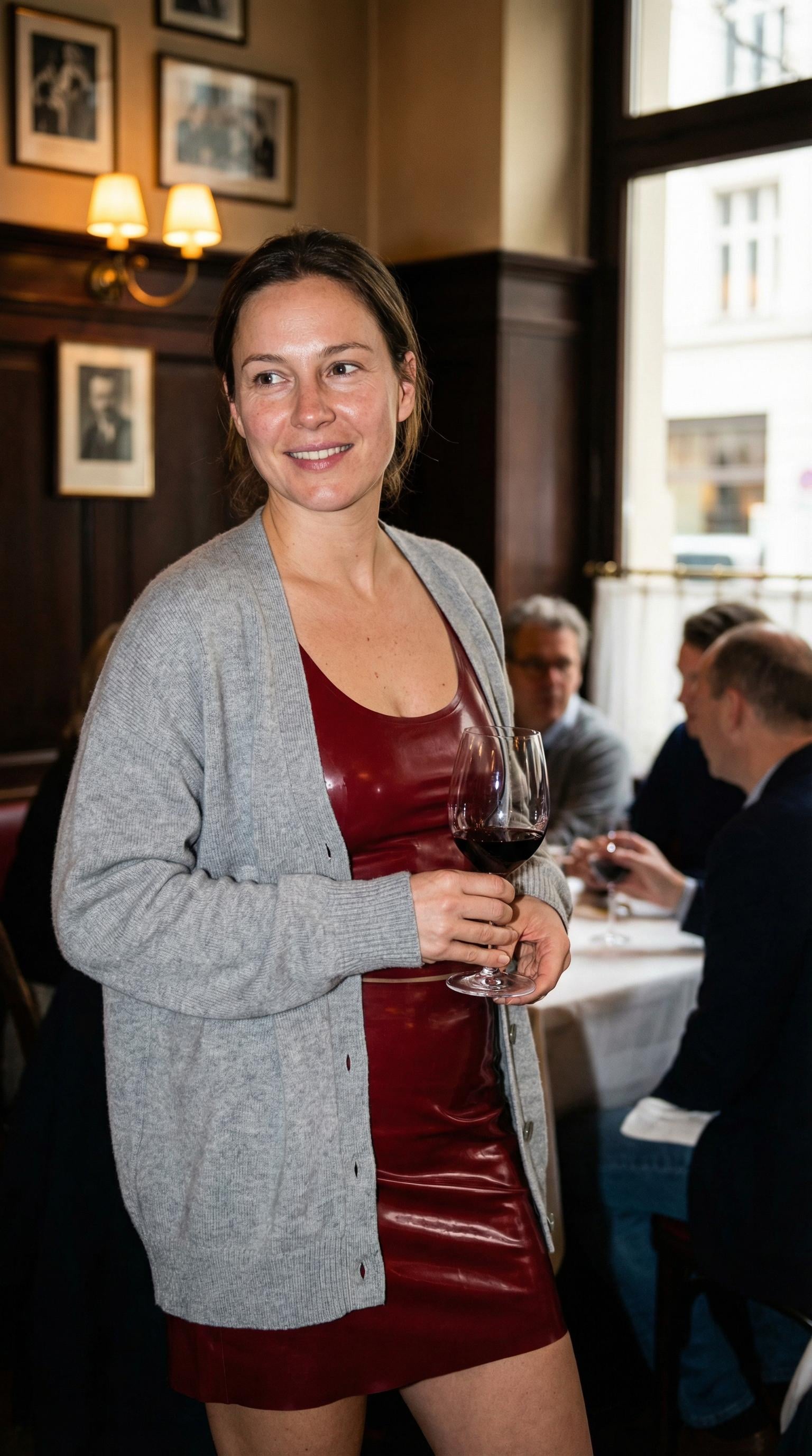 Red Latex Dress Holding Wine In Restaurant