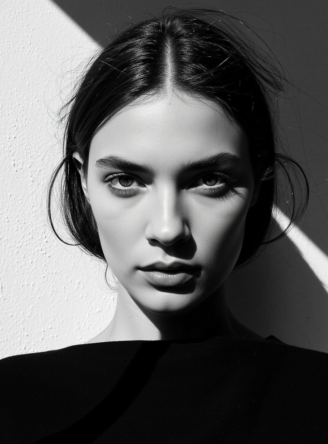 Photorealistic Black And White Medium Close-up Portrait Young Woman With