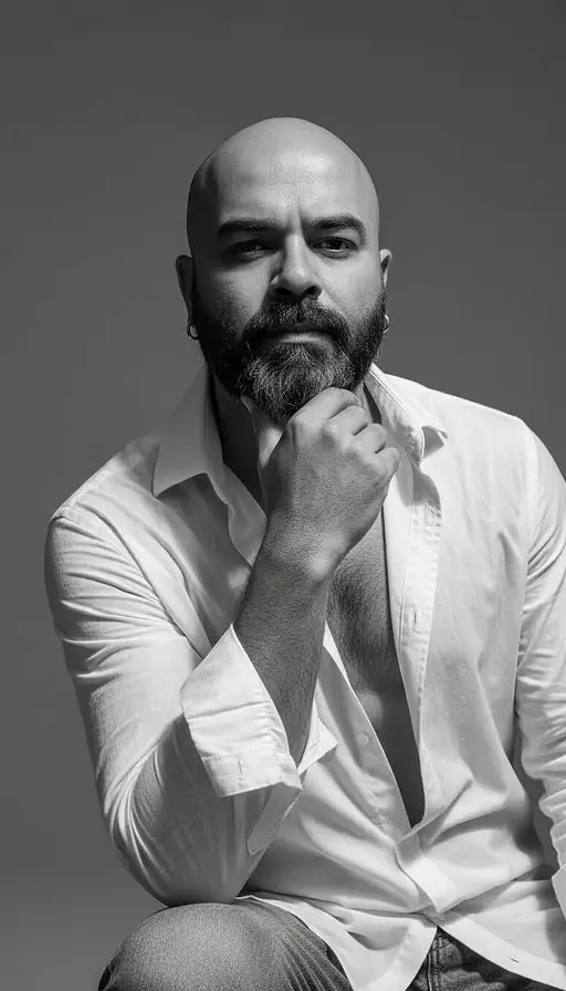 Black and white fine art portrait of a stylish young man with a smooth face, wearing an oversized white shirt against a gray backdrop.