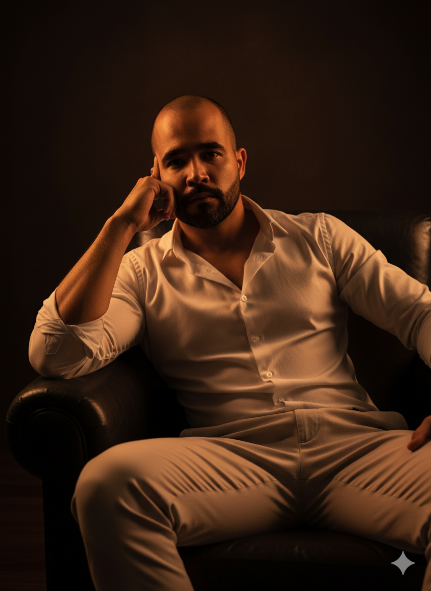 A cinematic portrait of a man in a dark leather armchair, wearing a white shirt, with warm golden lighting casting shadows on his thoughtful expression.