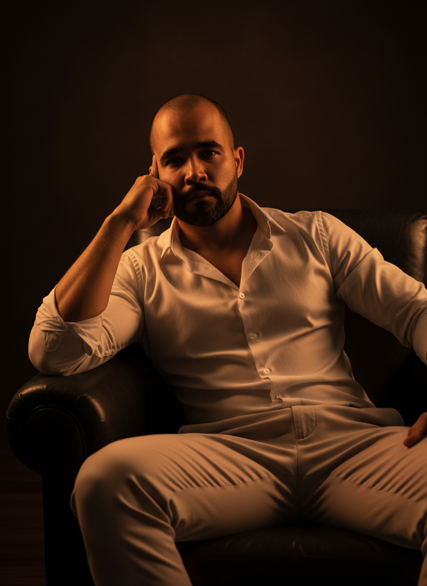 A cinematic portrait of a man in a dark leather armchair, wearing a white shirt, with warm golden lighting casting shadows on his thoughtful expression.