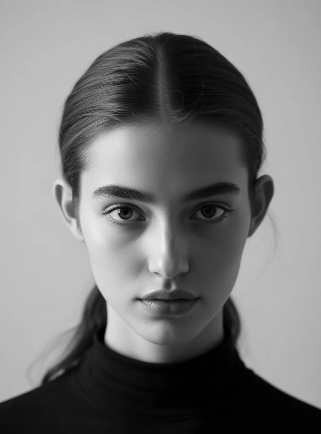 Headshot Portrait Young Woman With Dark Hair Pulled Back Into