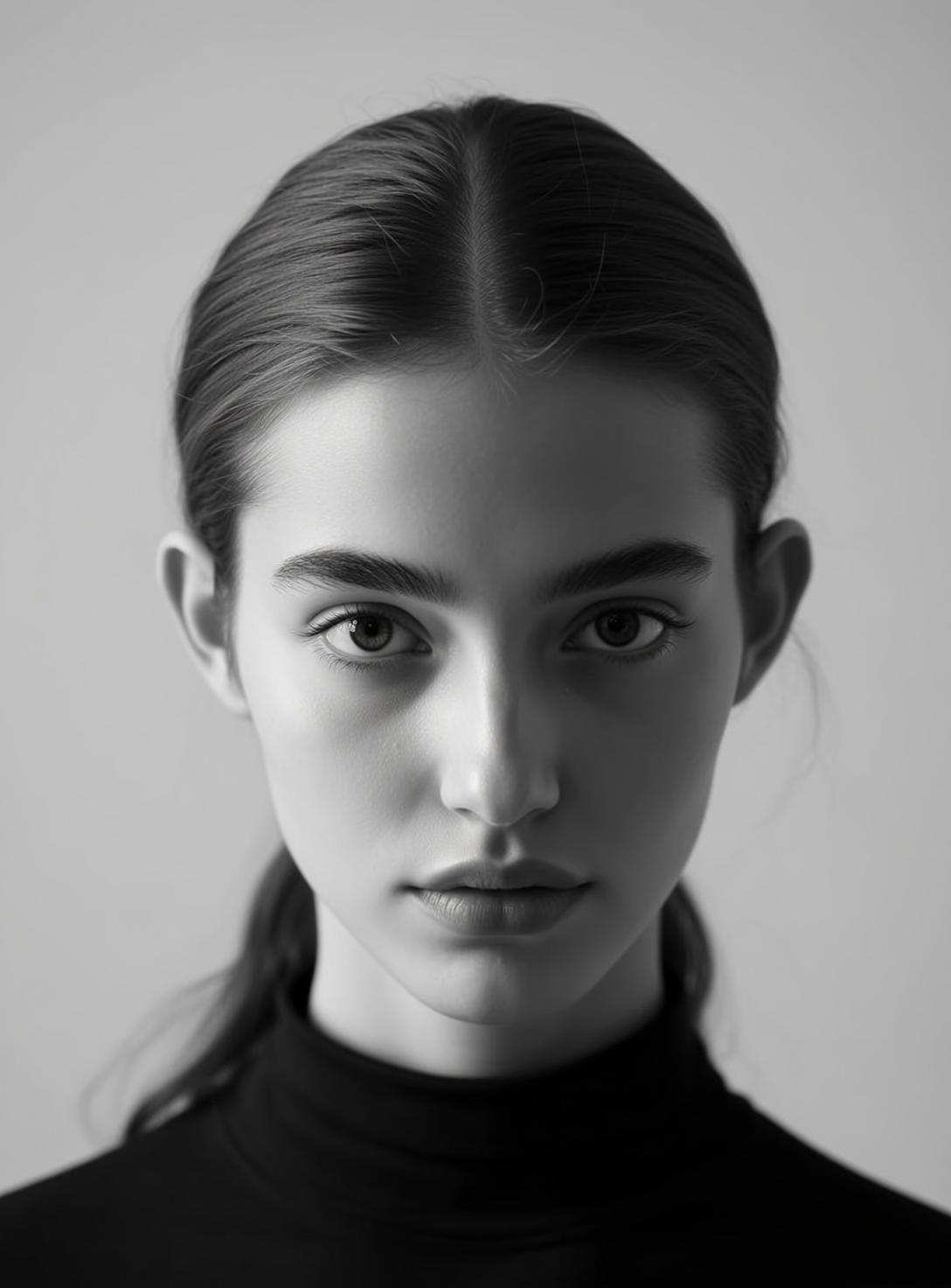 Headshot Portrait Young Woman With Dark Hair Pulled Back Into