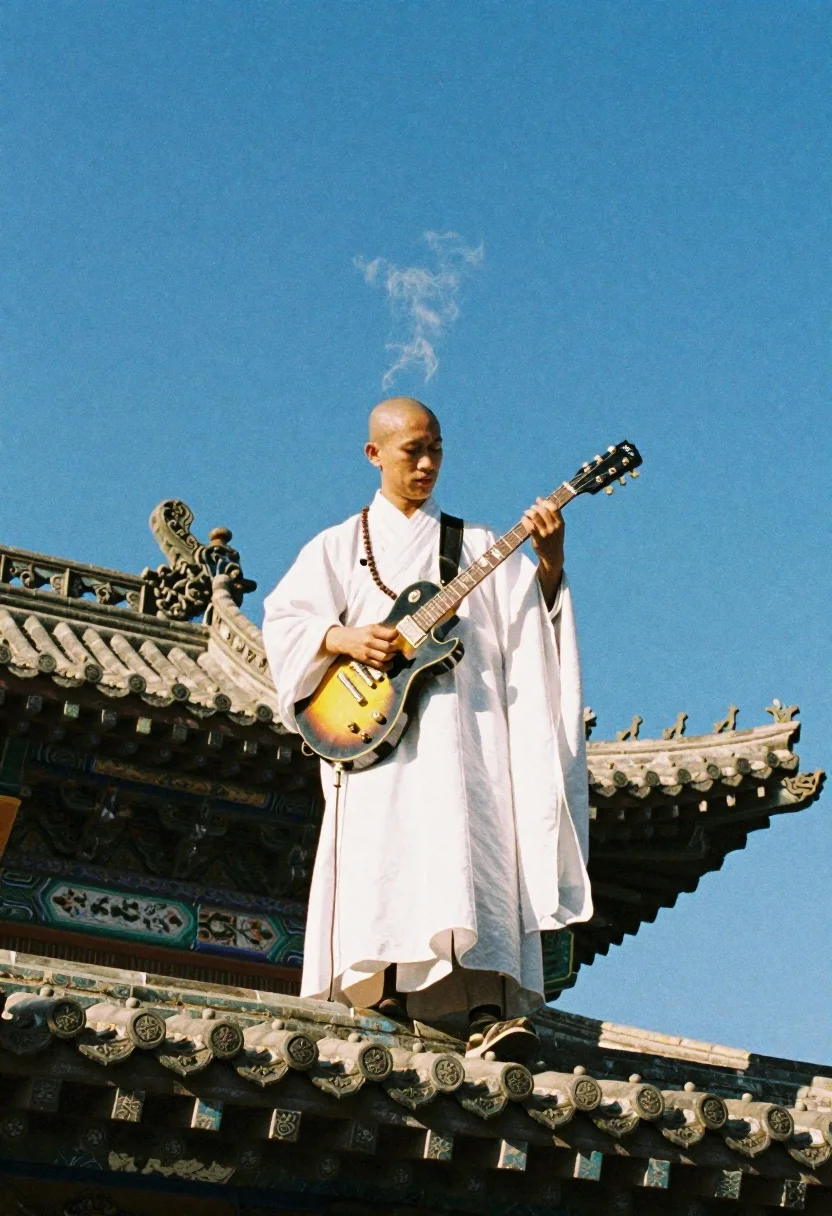 Grainy Film Photo Monk Standing The Tiled Roof Temple Under reference photo