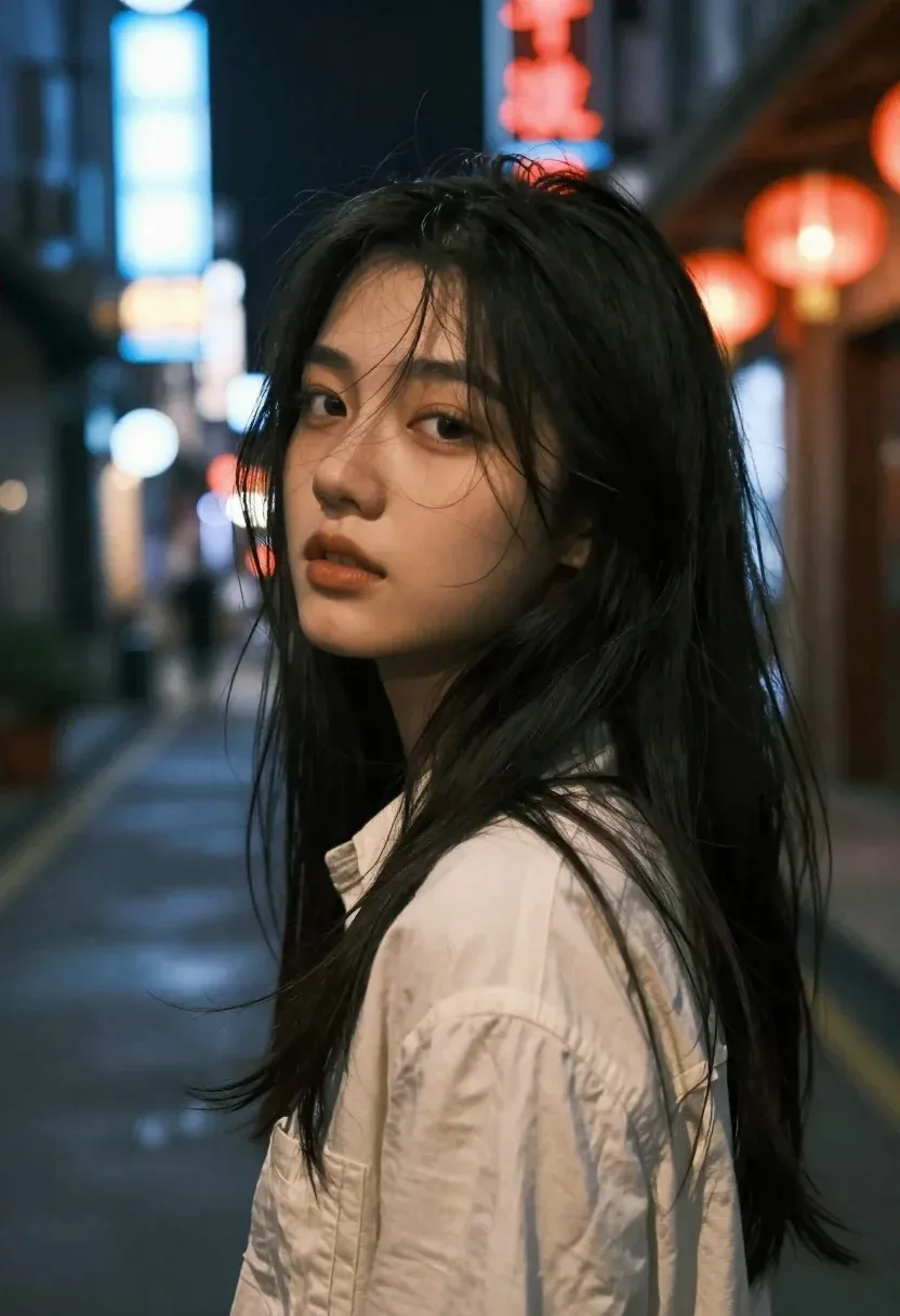 Close-up Portrait Young Woman With Long Dark Hair Looking Back