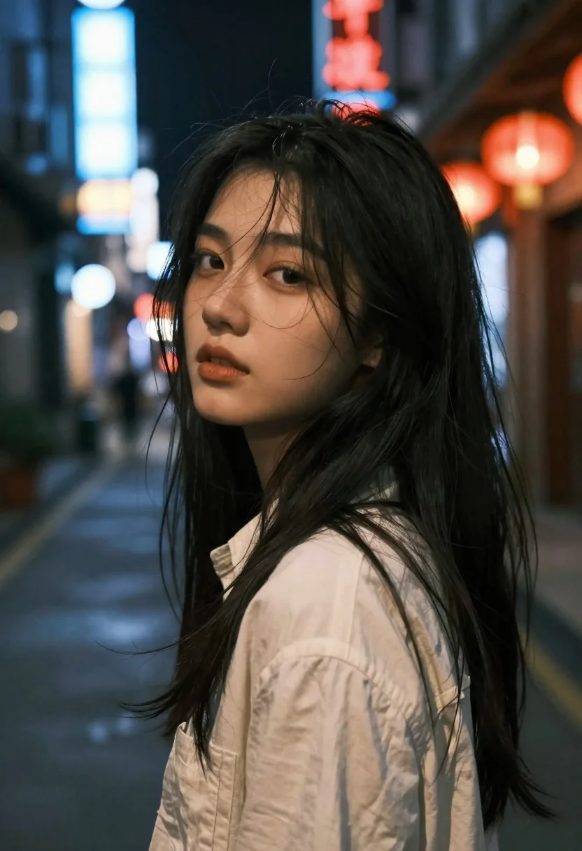 A close-up portrait of a young woman with long dark hair looking back over her shoulder in a dimly lit urban street.