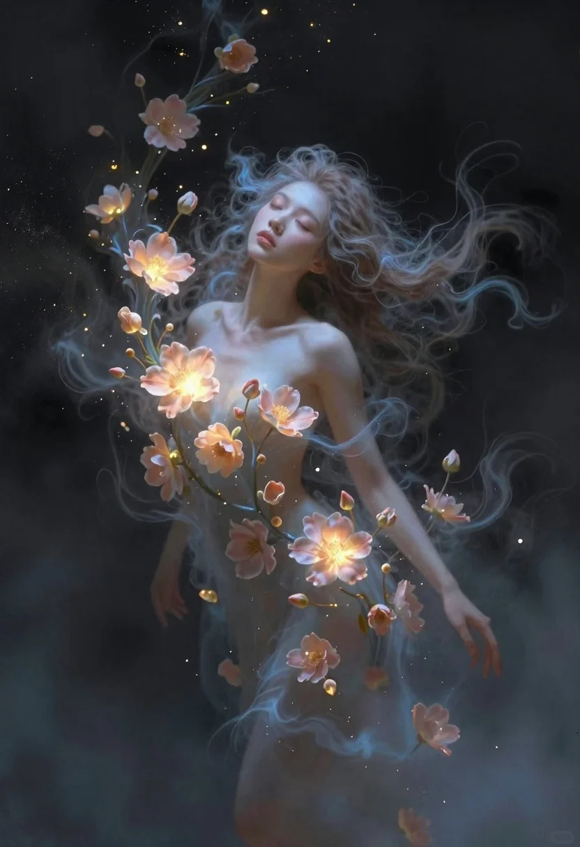 Ethereal Digital Painting Serene Young Woman Surrounded Glowing Peach And reference photo