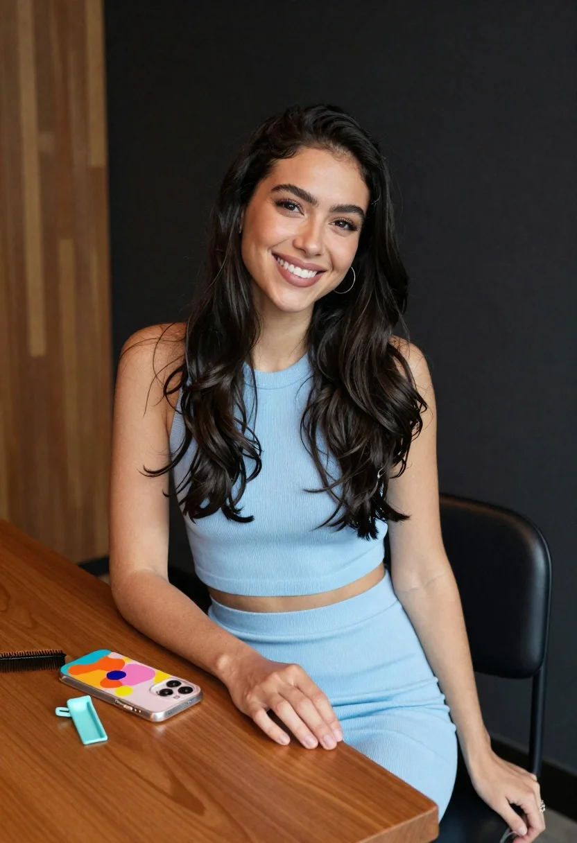 Smiling Woman With Long Wavy Dark Hair Sits Wooden Table reference photo