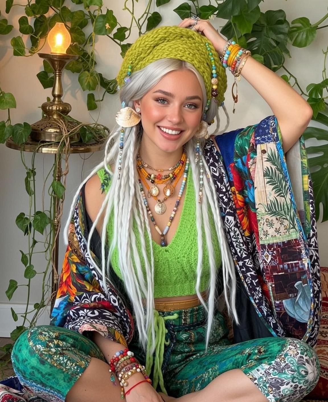 Bohemian Kimono Woman Smiling Cross Legged With Plants