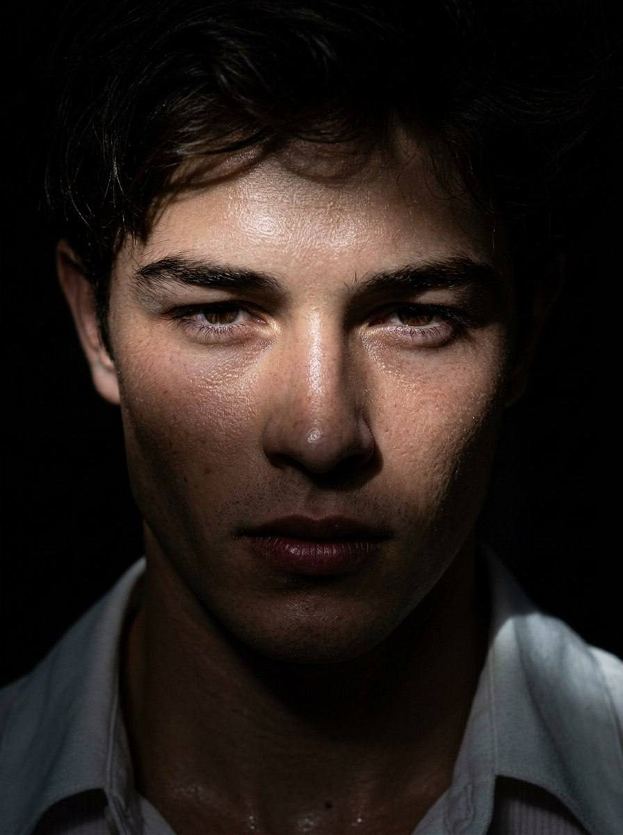Extreme close-up of a man's face illuminated by contrasting light, showcasing pronounced cheekbones and a confident expression.