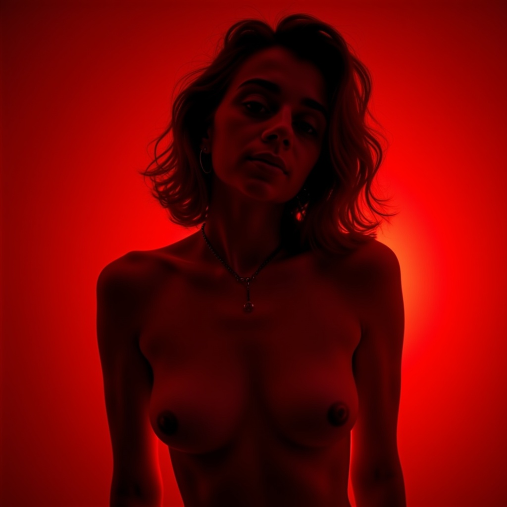 Staring directly at the camera, a female model juxtaposed with a deep scarlet gradient background.