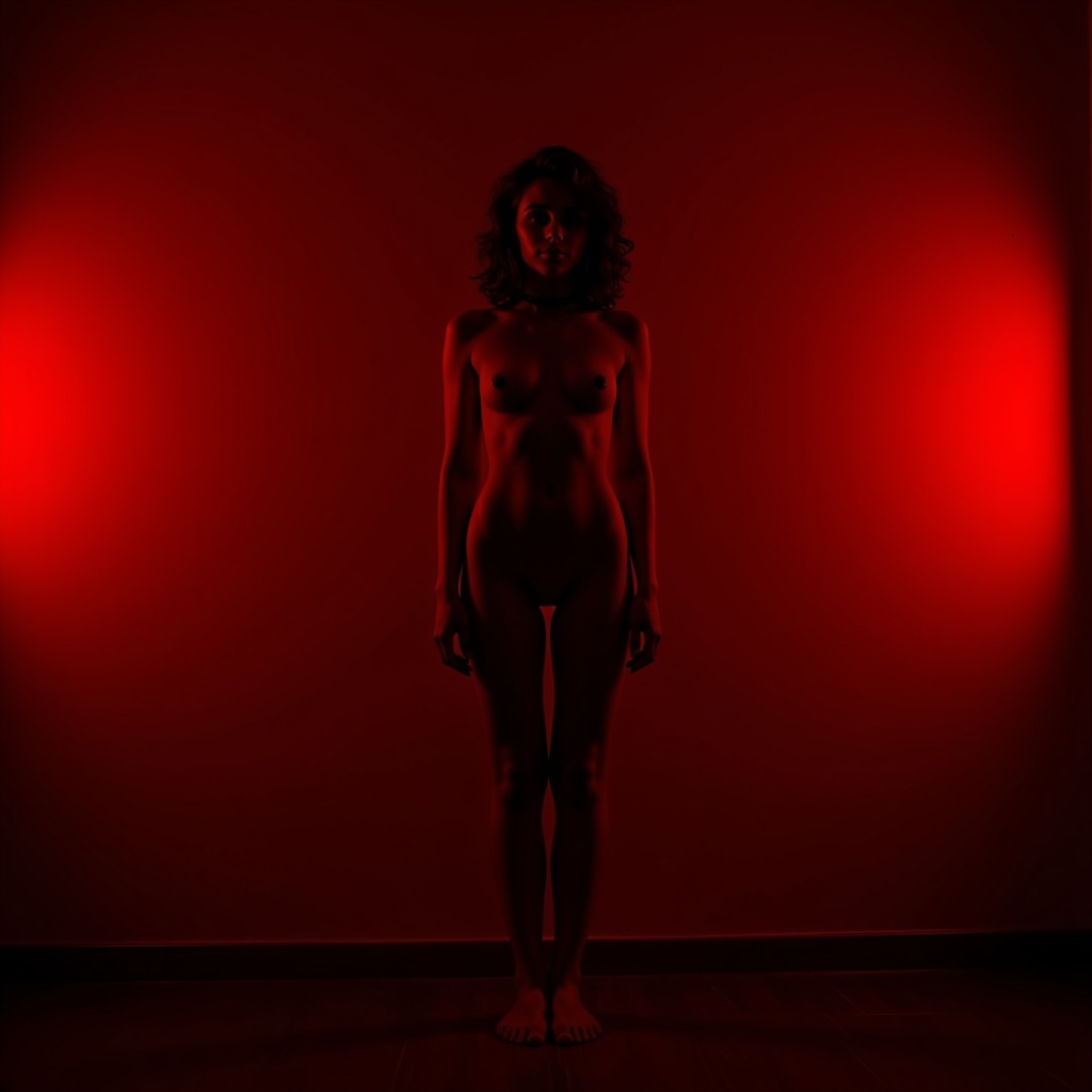 A striking nude silhouette captured with soft rim lighting and deep red hues.