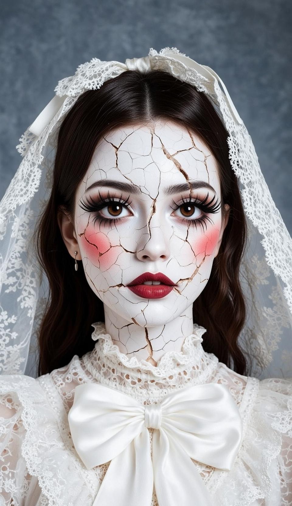 Halloween Makeup Doll-like Dark Brown Wavy Cracked