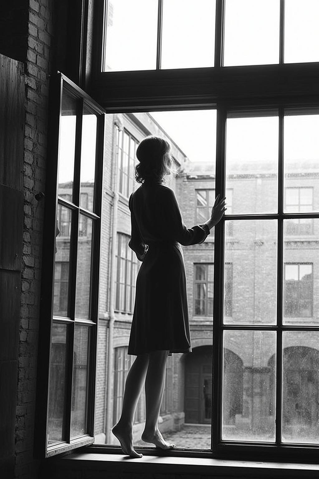 Full-body Vertical Black And White Photograph Captures Woman Standing Barefoot