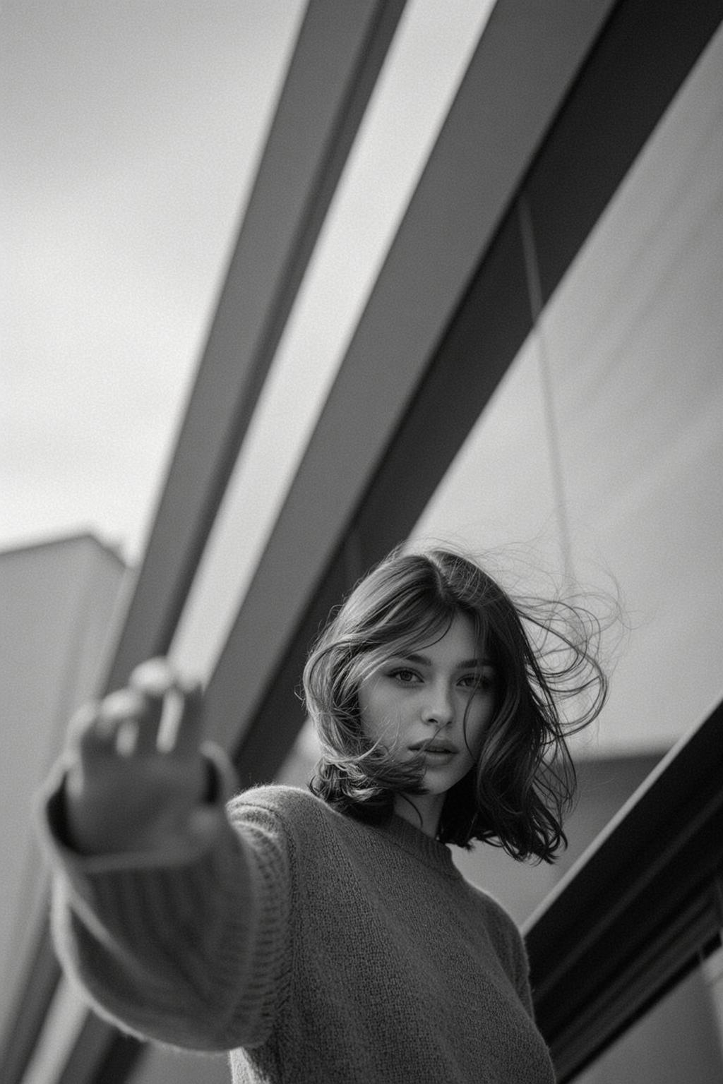 Photorealistic Black And White Medium Shot Portrait Young Woman With