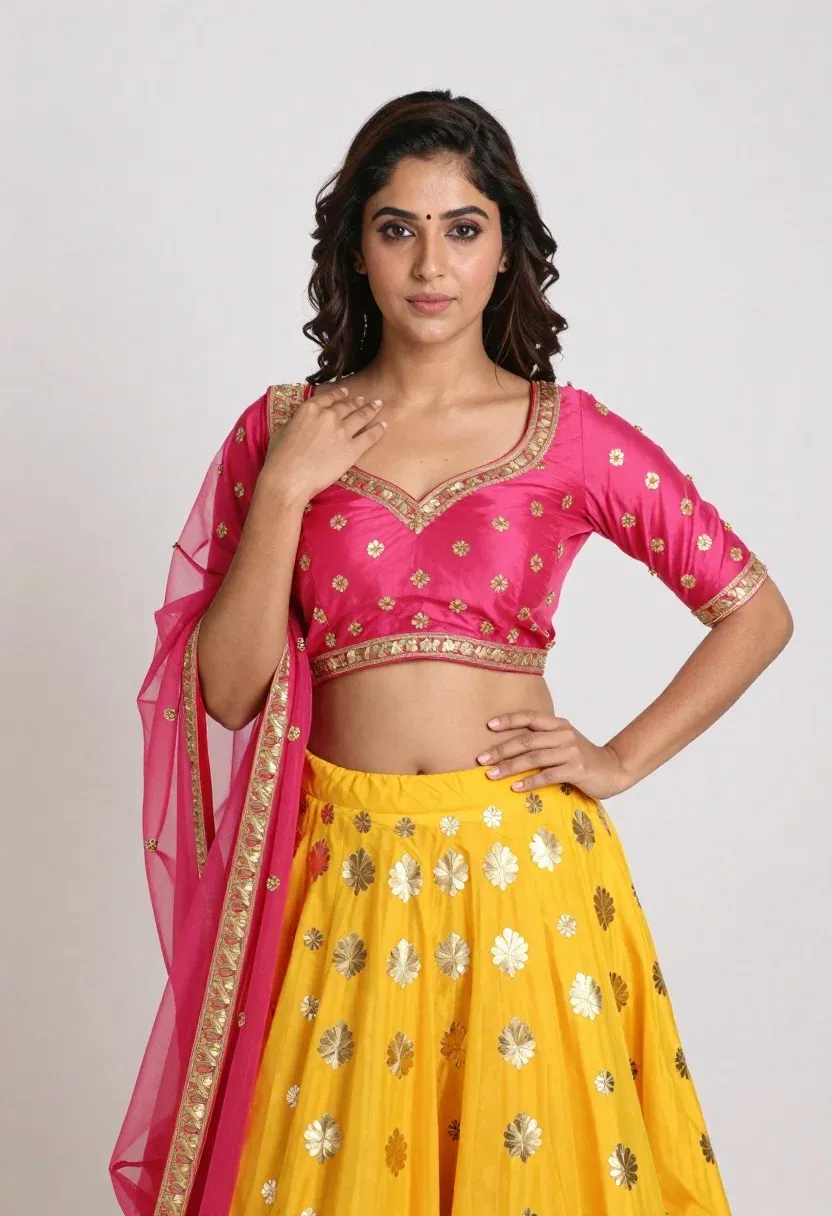Confident Woman Posing Vibrant Traditional Indian Lehenga Choli Against Plain
