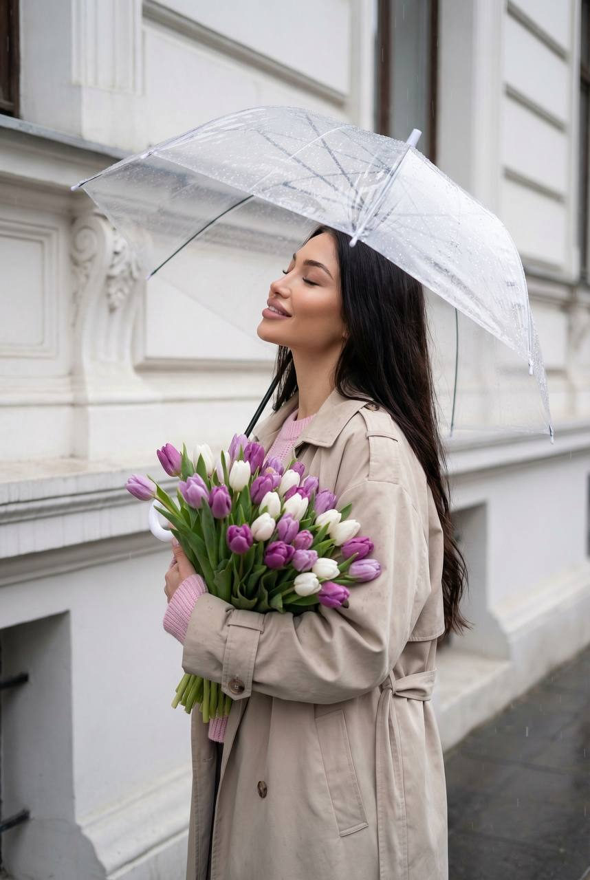 A model in a beige trench coat stands under a transparent umbrella, holding a bouquet of purple and white tulips, enjoying a light rain against a classical building backdrop.