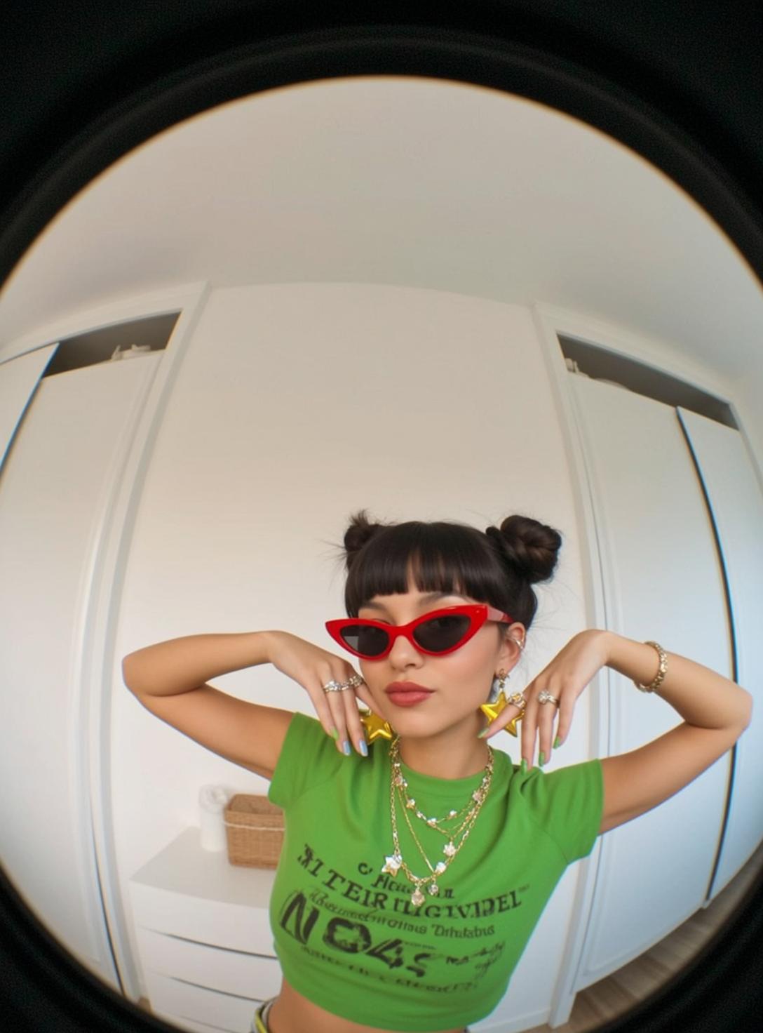 Red Sunglasses Green Tee Look