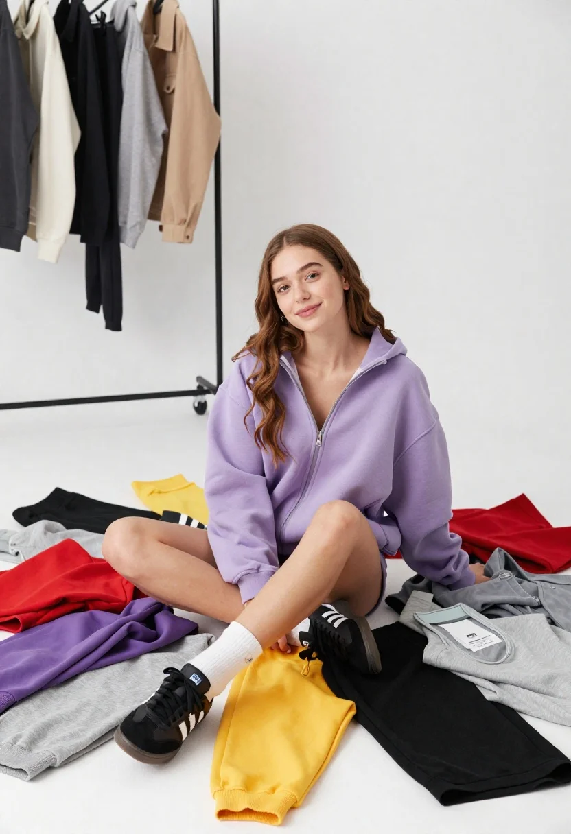 Young Woman With Long Brown Hair Sits Cross-legged The Center reference photo