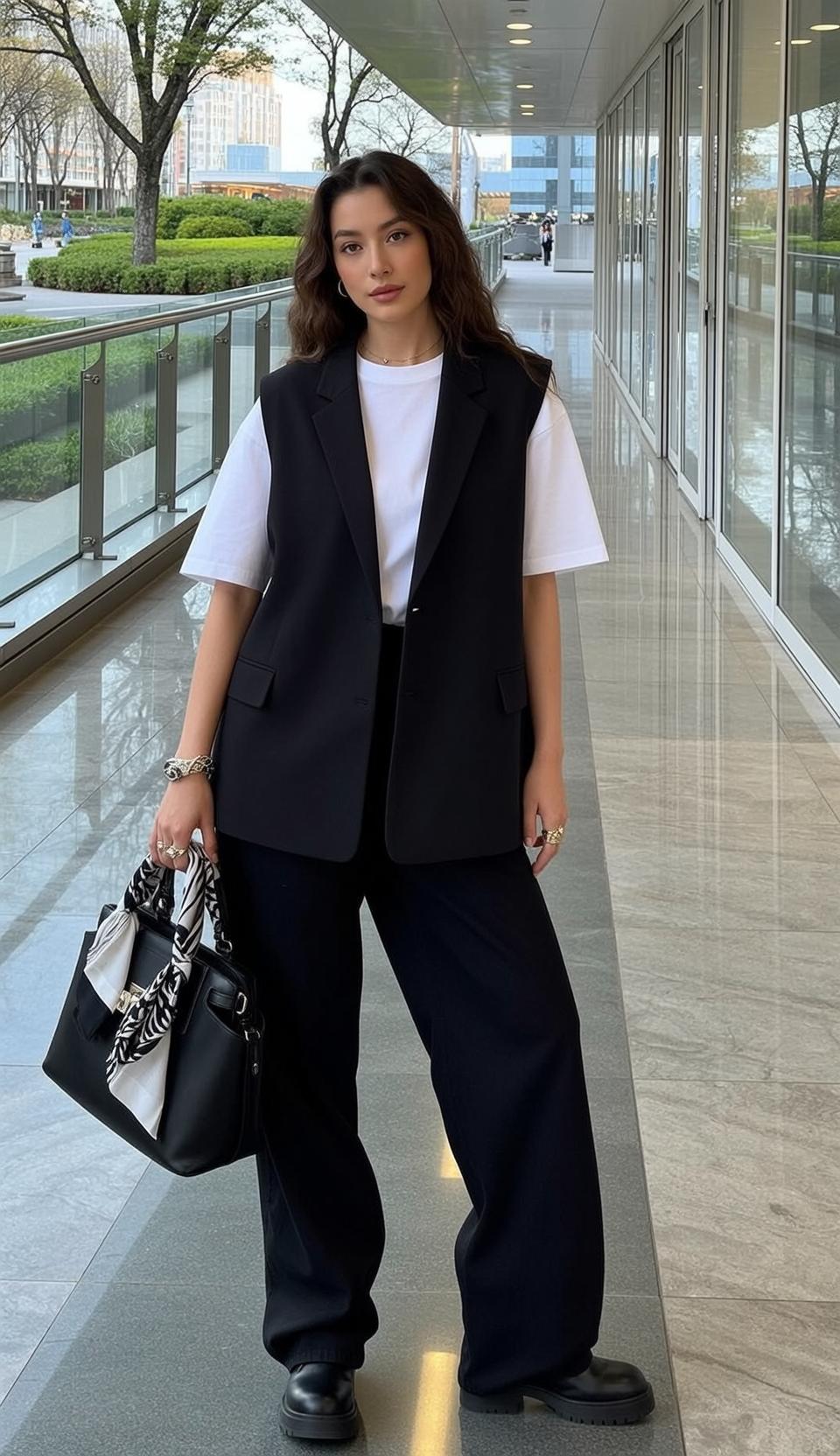 White Tee and Black Trousers Walkway