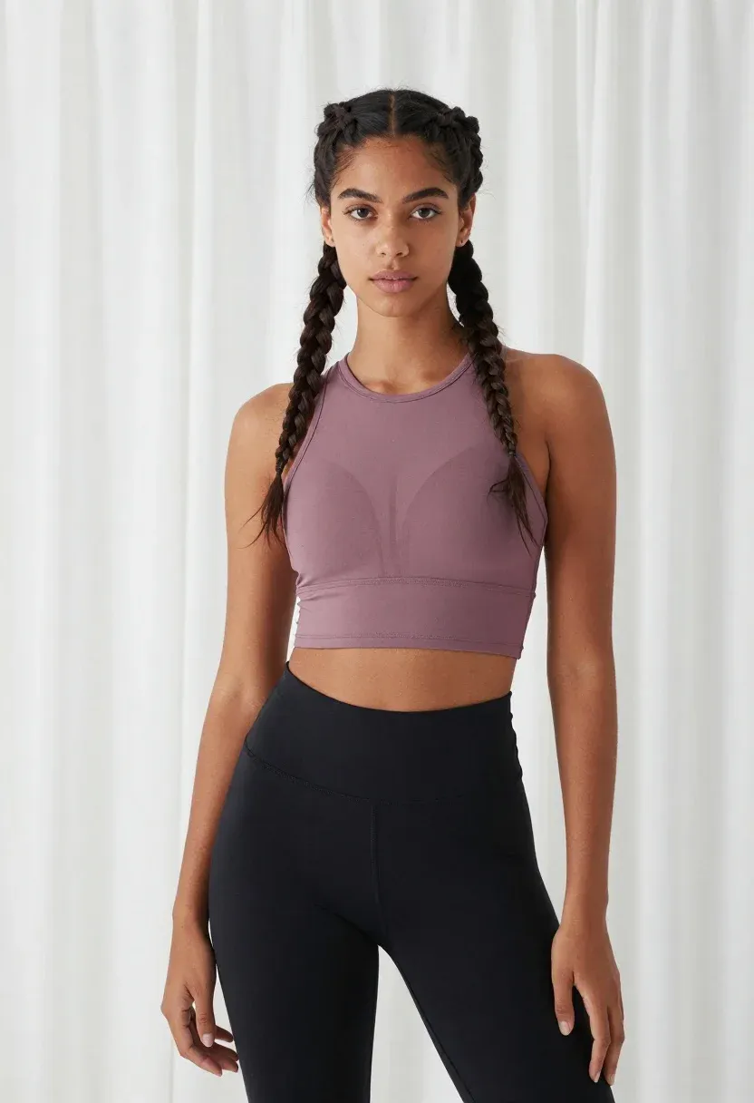 Confident Young Woman Stands Studio Setting With Soft White Curtains