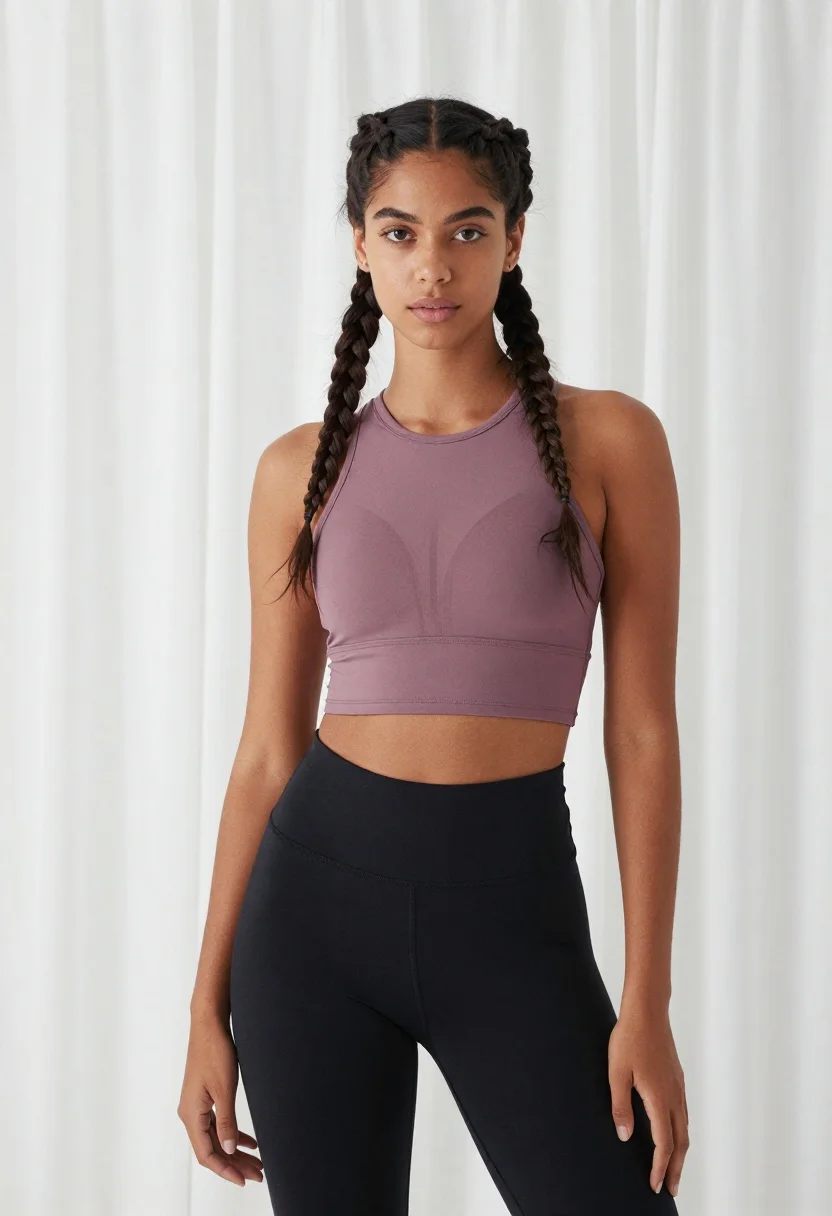 Confident Young Woman Stands Studio Setting With Soft White Curtains reference photo