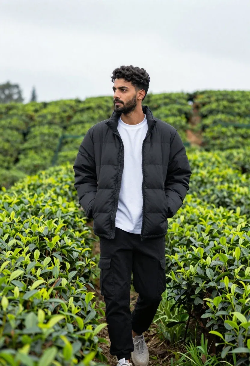 Young Man With Dark Curly Hair And Beard Stands Lush