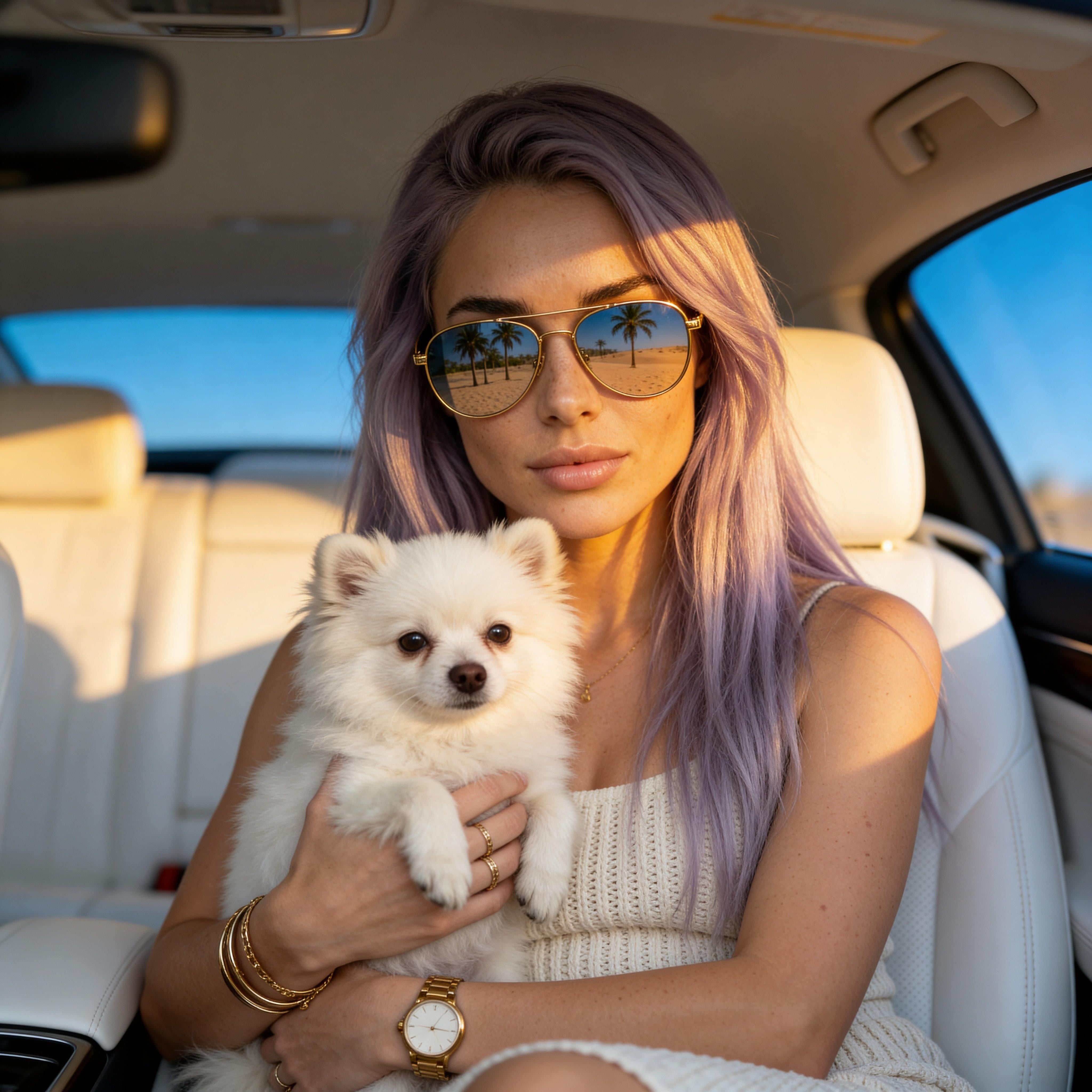 Gold Rimmed Aviator Sunglasses Reflect Beach Scene By Car