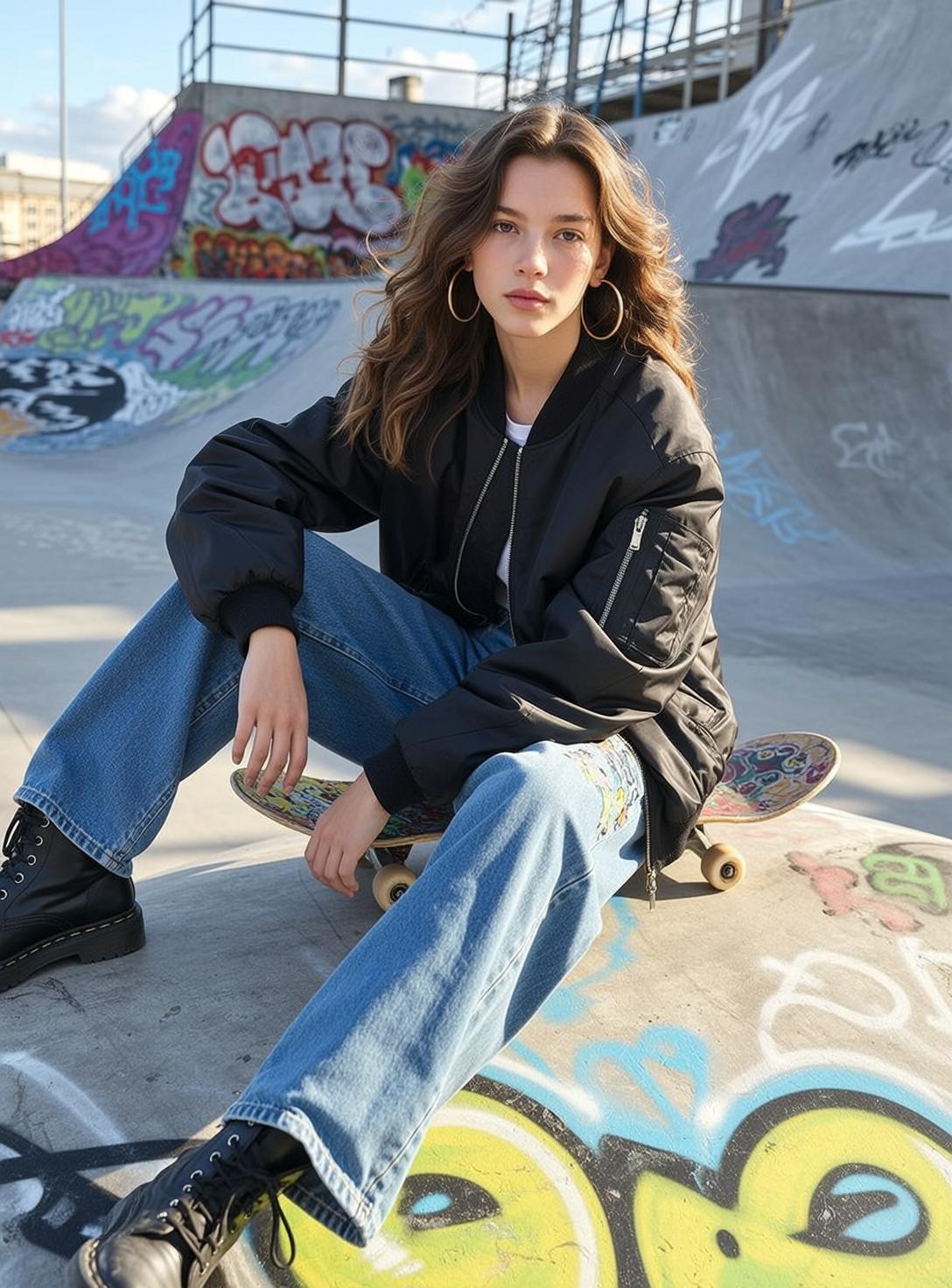 Skatepark Girl White T Shirt Bomber Jacket