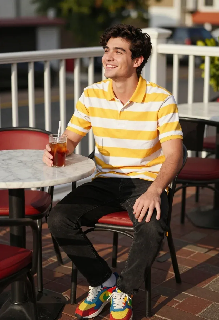 Young Man Sits Smiling Outdoor Cafe Table Holding Glass Iced