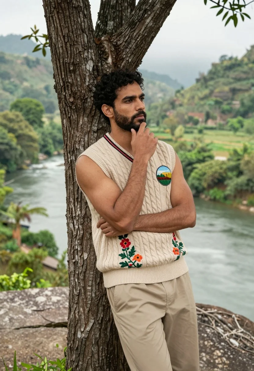 A handsome man with dark curly hair and beard leans against a large tree trunk, gazing thoughtfully into the distance in soft natural daylight.